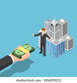 Flat 3d isometric businessman don't sell his business building. Business asset and real estate concept.