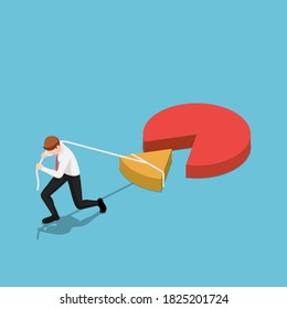 Flat 3d isometric businessman drag a piece of pie chart. Market sharing concept.