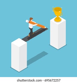 Flat 3d isometric businessman drawing a bridge by pencil leading to the winner's trophy. Create path to success concept.