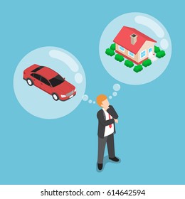 Flat 3d isometric businessman dreaming about house and car, daydreaming, future financial plan concept