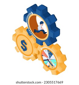 Flat 3d Isometric Business Mann fahren Zeit und Geld Inside Gears. Zeit ist Geld und Finanzmanagement Konzept.