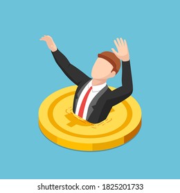 Flat 3d isometric businessman drowning into golden dollar coin. Financial crisis and debt concept.