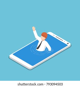 Flat 3d isometric businessman drowning in smartphone. Smartphone or mobile addiction concept.