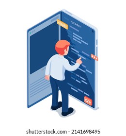 Flat 3d Isometric Businessman Editing Code Behind Social Media. Backend Developer Concept