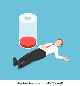 Flat 3d isometric businessman fainting on the floor with low energy battery. Stress and overwork concept.