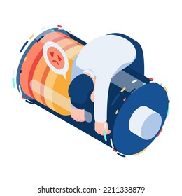 Flat 3d Isometric Businessman Fainting on Low Energy Battery. Burnout Syndrome Concept.