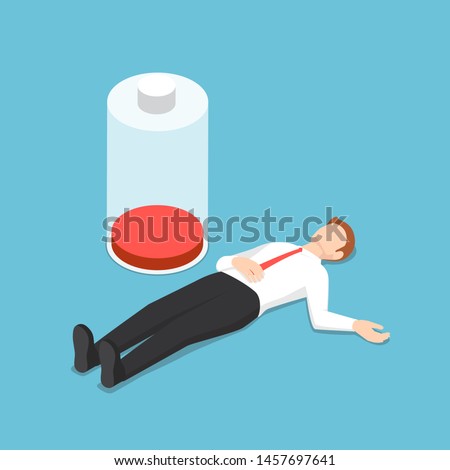 Flat 3d isometric businessman fainting on the floor with low energy battery. Stress and overwork concept.