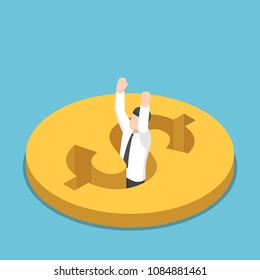 Flat 3d isometric businessman falling into the hole on dollar coin. Financial crisis and bankruptcy concept.