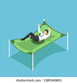 Flat 3d isometric businessman falling from the sky on dollar banknote. Reserve funds and financial protection concept.