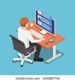 Flat 3d isometric businessman find freelancer specialist on his computer. Freelancers service concept