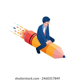 Flat 3d Isometric Businessman Flying with Pencil. Content Writer and Creativity Concept.