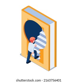 Flat 3d Isometric Businessman Go Up The Stairs Inside Book. Business Learning and Education Concept.