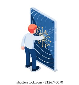 Flat 3d Isometric Businessman Going into a Digital World and Change to Binary Code. Metaverse or Virtual Reality Concept.