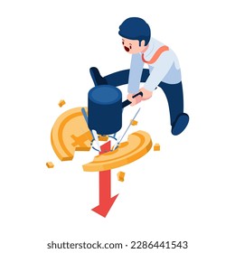 Flat 3d Isometric Businessman with Hammer Smashing Bitcoin. Bitcoin or Cryptocurrency Market Manipulation and Investment Concept.