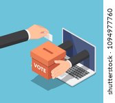 Flat 3d isometric businessman hand putting voting paper into ballot box that come out from laptop monitor. Online voting and election concept.