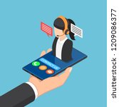 Flat 3d isometric businessman hand holding smartphone with female call center icon. Customer service support concept.