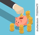 Flat 3d isometric businessman hand putting dollar coin into piggy bank. Financial and money saving concept.