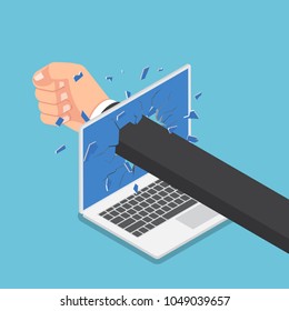 Flat 3d isometric businessman hand punch through laptop monitor. Stress and angry concept.