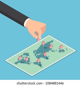 Flat 3d isometric businessman hand pin target to the world map. Business target concept.