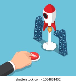 Flat 3d isometric businessman hand presses start button to launches a space rocket. Business start up concept.
