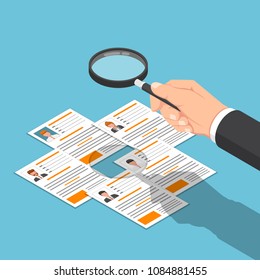 Flat 3d Isometric Businessman Hand Viewing Resume With Magnifying Glass. Recruitment Business And Human Resources Management Concept.