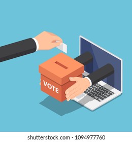 Flat 3d isometric businessman hand putting voting paper into ballot box that come out from laptop monitor. Online voting and election concept.