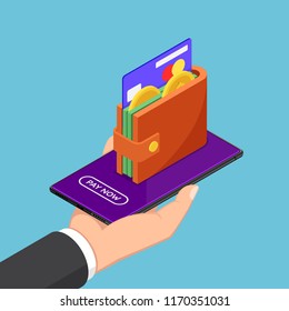 Flat 3d isometric businessman hand holding smartphone with wallet and credit card on screen. E-wallet and mobile payments concept.