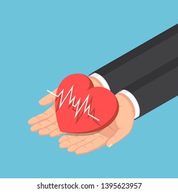 Flat 3d isometric businessman hand holding red heart with electrocardiography ECG or EKG line. Cardiology or health insurance concept.