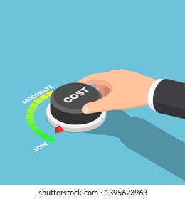 Flat 3d isometric businessman hand turn cost dial to low position. Cost reduction management concept.