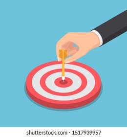 Flat 3d isometric businessman hand putting dart arrow on center of the bullseye. Target marketing and business concept.