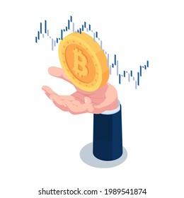 Flat 3d Isometric Businessman Hand Holding Bitcoin with Financial Chart. Cryptocurrency and Blockchain Technology Concept.