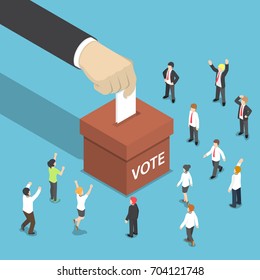 Flat 3d isometric businessman hand put voting paper in the ballot box. Voting and election concept.