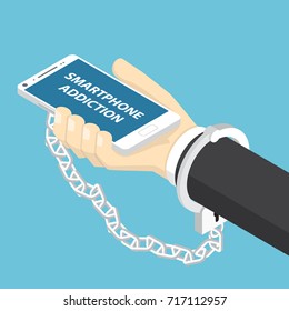 Flat 3d isometric businessman hand holding smartphone with handcuff. Smartphone addiction concept.