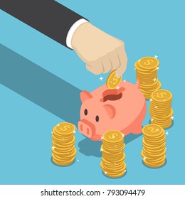 Flat 3d isometric businessman hand putting dollar coin into piggy bank. Financial and money saving concept.