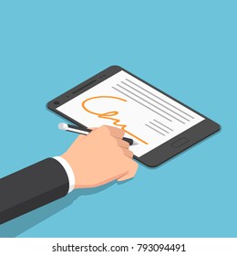 Flat 3d Isometric Businessman Hand Signing Digital Signature On Tablet. Digital Signature And E-Business Concept.