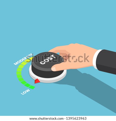 Flat 3d isometric businessman hand turn cost dial to low position. Cost reduction management concept.