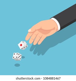 Flat 3d isometric businessman hands throwing the dice. Business risk and gambling concept.