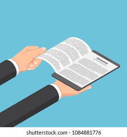 Flat 3d Isometric Businessman Hands Open Ebook On Digital Tablet. E-book And E-learning Concept.