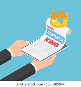 Flat 3d isometric businessman hands holding smartphone with content is king in web page and crown. Digital content marketing concept.