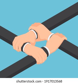 Flat 3d Isometric Businessman Hands Holding Each Other Wrist. Teamwork and Business Collaboration Concept.