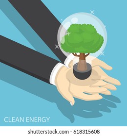 Flat 3d isometric businessman hands holding eco friendly light bulb with tree inside, clean and renewable energy