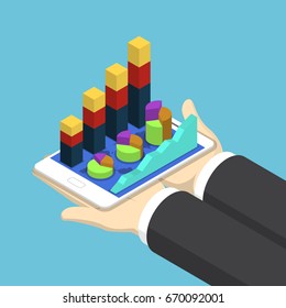 Tableta de mano de empresario isométrica plana 3d con gráfico financiero, análisis financiero concepto de aplicación móvil