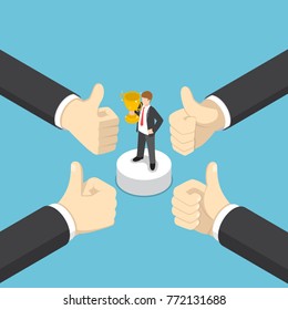 Flat 3d isometric businessman hands show thumb up finger gesture to business winner. Business success concept.