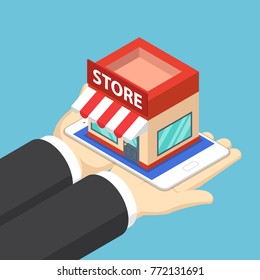 Flat 3d isometric businessman hands holding tablet with shopping store. Online shopping concept.