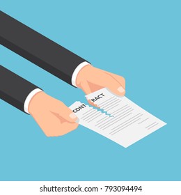 Flat 3d isometric businessman hands tearing up a contract or agreement document. Business contract concept.