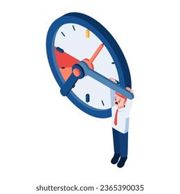 Flat 3d Isometric Businessman Hanging on Clock. Deadline and Time Management Concept.