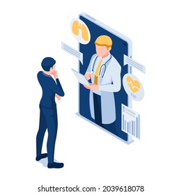 Flat 3d Isometric Businessman have Online Consultation with Doctor. Telemedicine and Online Medical Consultation Concept.
