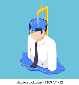 Flat 3d isometric businessman head overflow by water from golden faucet. Metaphor of people who filled by ego and don't learn anything new anymore.