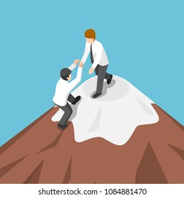 Flat 3d isometric businessman help each other climb to the top of mountain. Business teamwork concept.