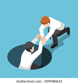 Flat 3d Isometric Businessman Help His Friend Climb Up From The Hole. Teamwork Concept